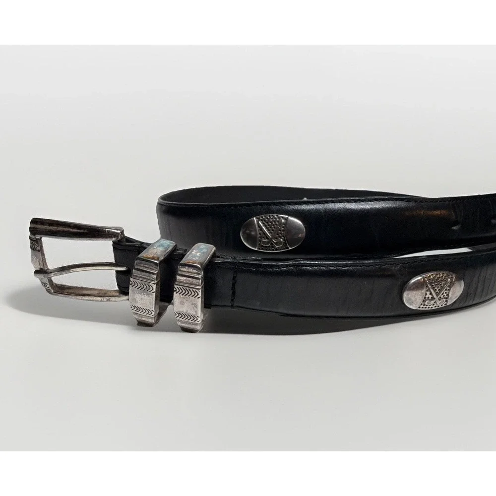 Men's Golf Black Top Grain Oil Tan Leather Belt with Nickel Hardware Size 34 VTG